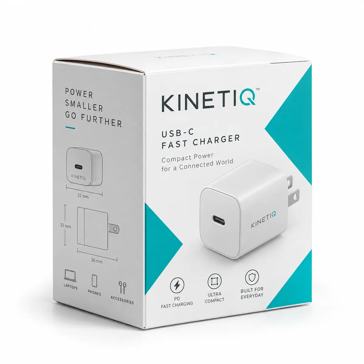 Custom white tuck top electronics box with KINETIQ branding, turquoise geometric accents, and USB-C charger artwork.