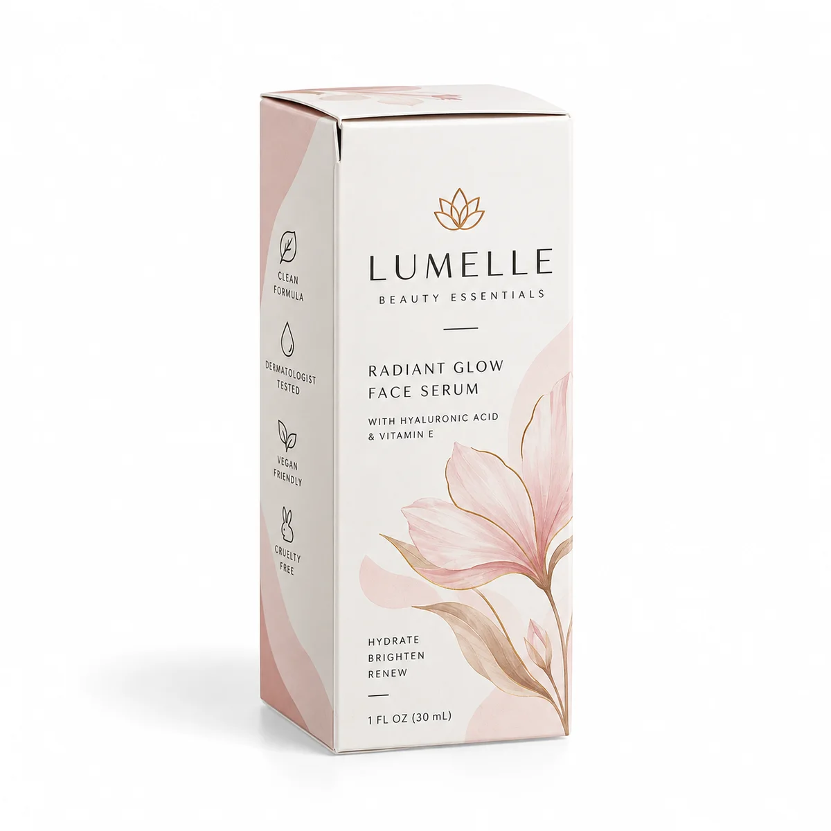 White tuck top beauty packaging with LUMELLE branding, soft pink floral illustrations, and delicate skincare typography.