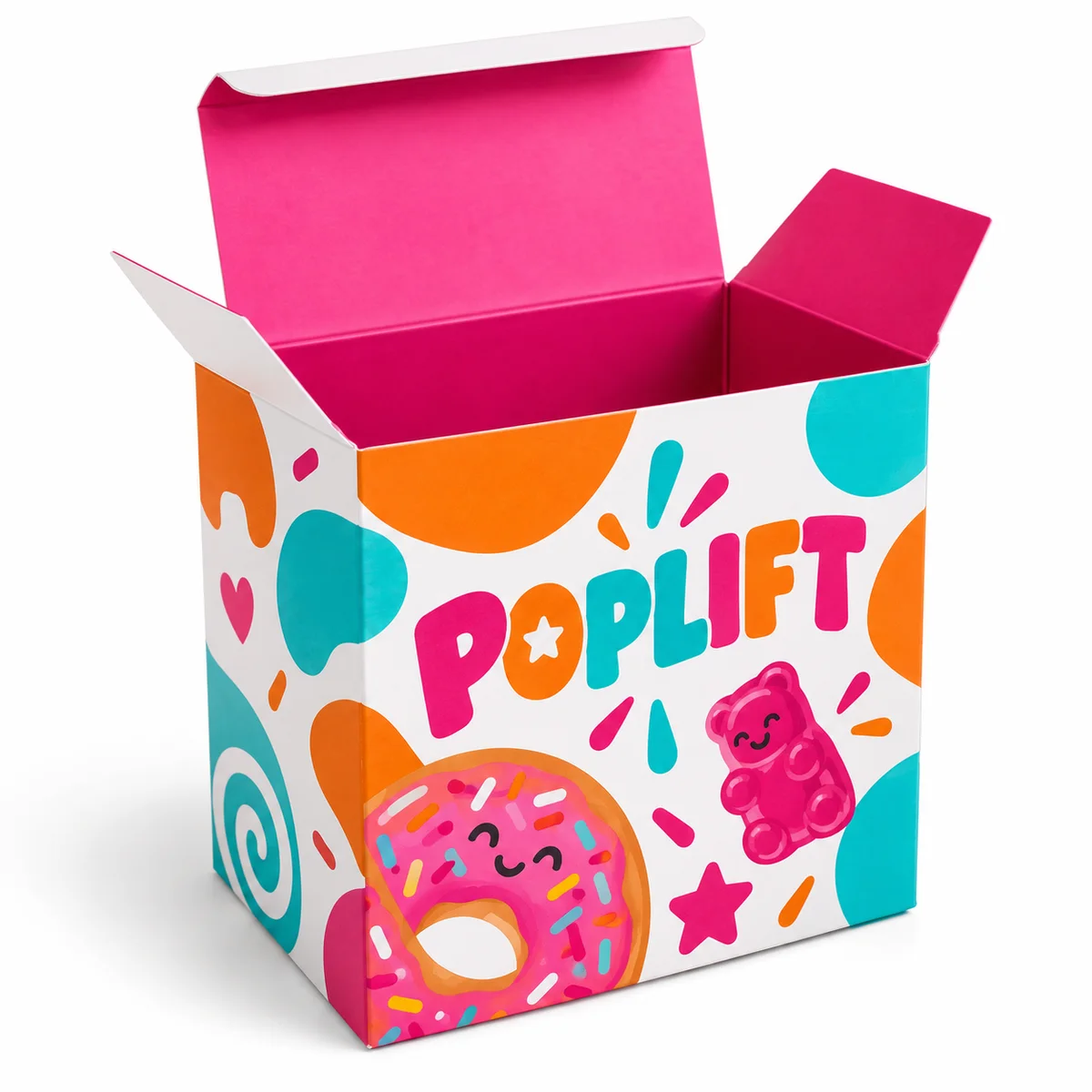 Open white tuck top candy box with POPLIFT lettering, colorful gummy and donut illustrations, and a bright pink interior.