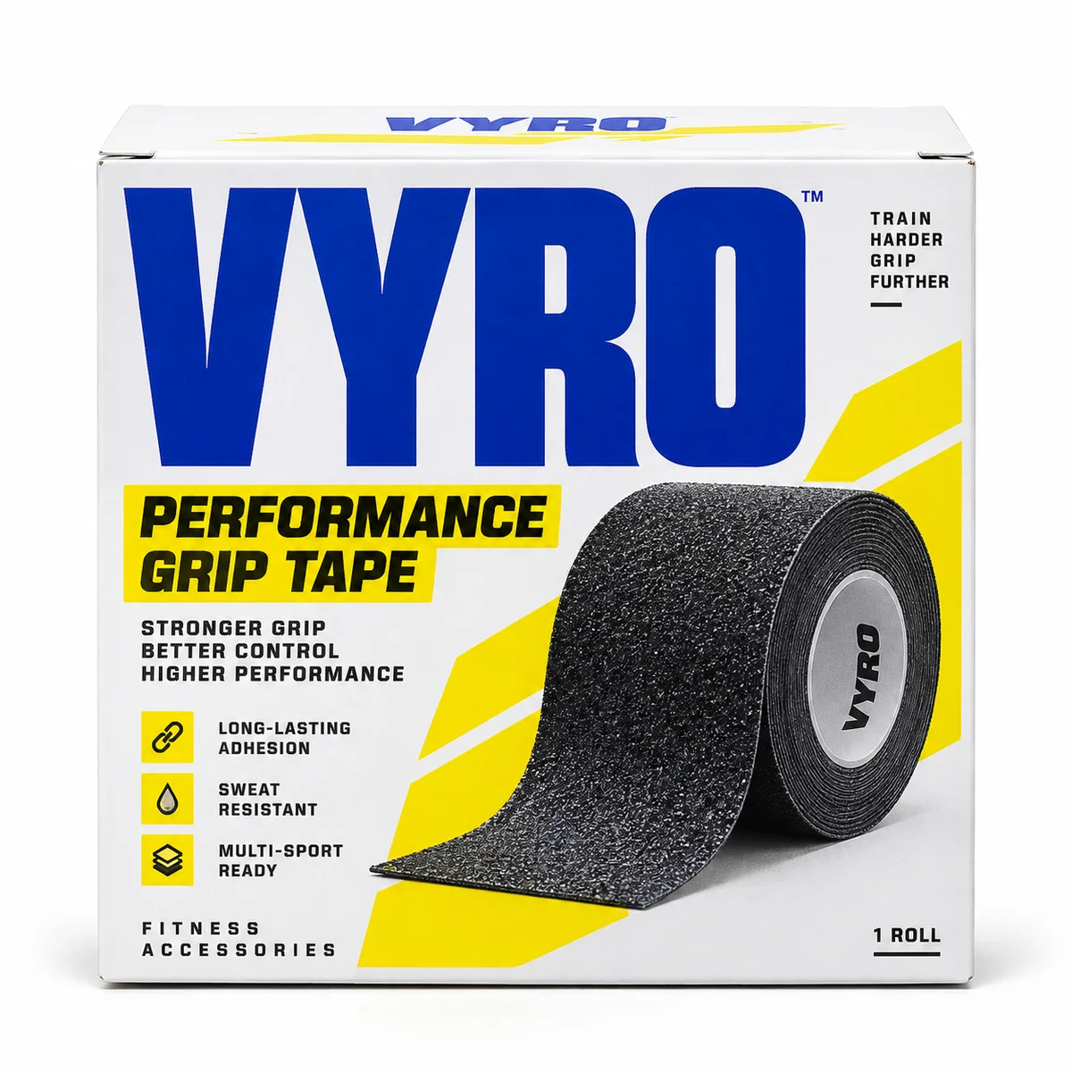 Front view of a white tuck top fitness box with oversized blue VYRO lettering, yellow graphics, and grip tape artwork.