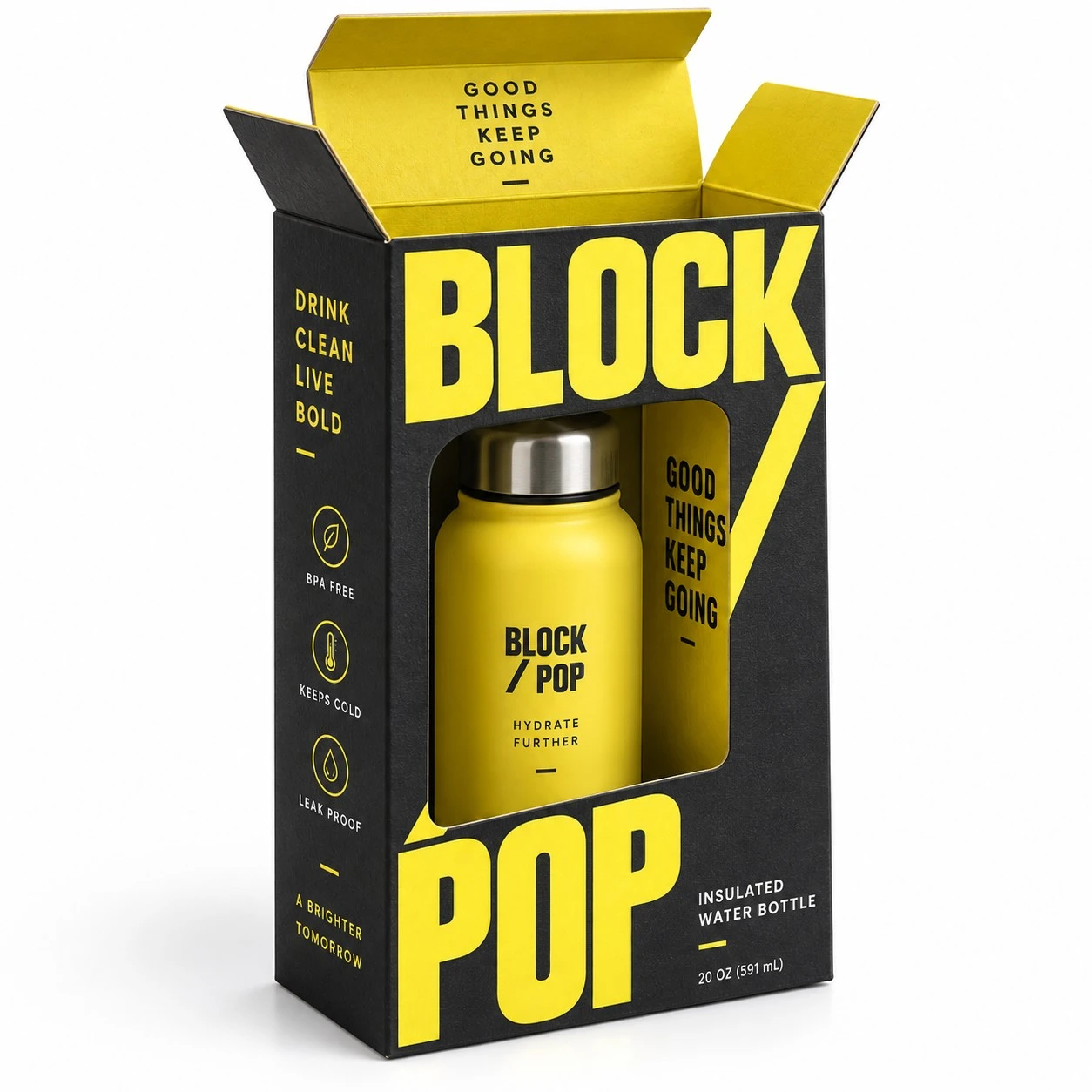 window display box water bottle open flap